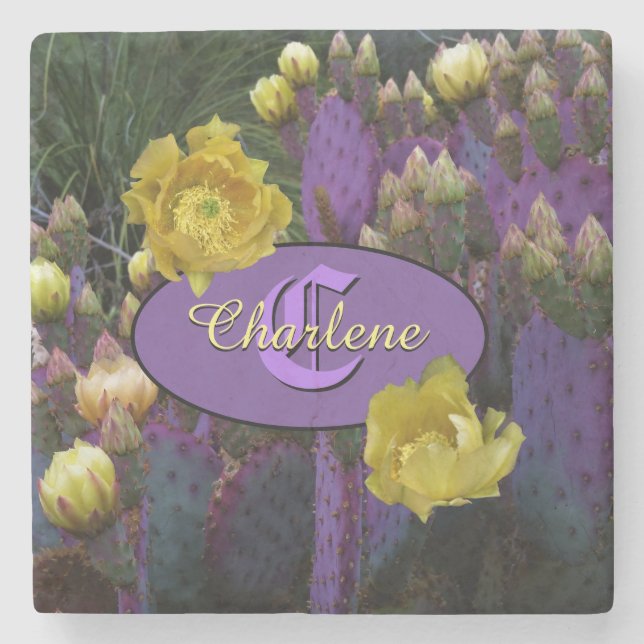 Personalisierte Monogramm Lila Kaktus Gelbe Blumen Steinuntersetzer (Vorderseite)