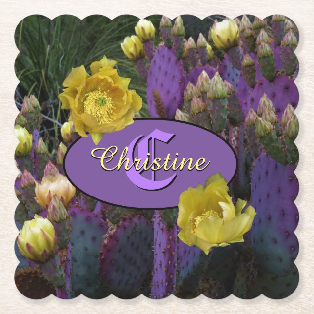 Personalisierte Monogramm Lila Kaktus Gelbe Blumen Untersetzer (Vorderseite)