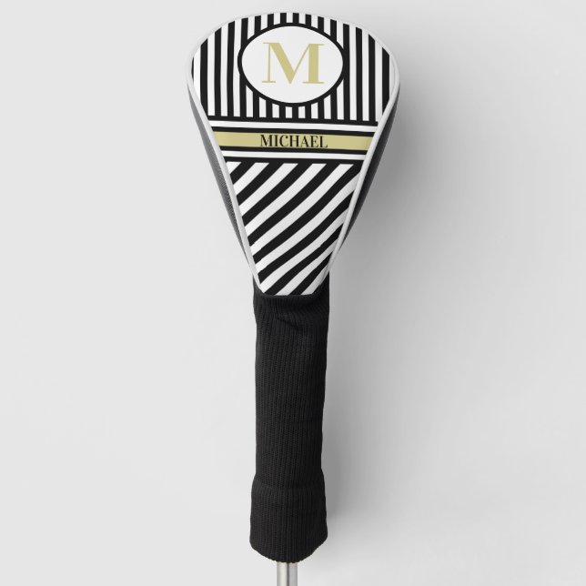 Personalisierte Monogramm Name Schwarz-weiß Streif Golf Headcover (Vorderseite)