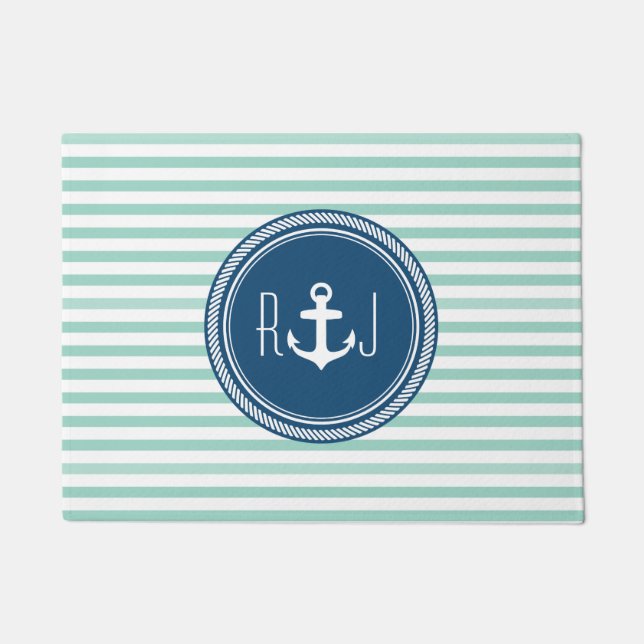 Personalisierte Monogramm Navy und Seafoam Nautica Fußmatte (Vorderseite)