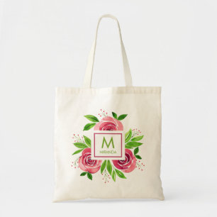 Personalisierte Monogramm-Rosa-Blumen Tragetasche