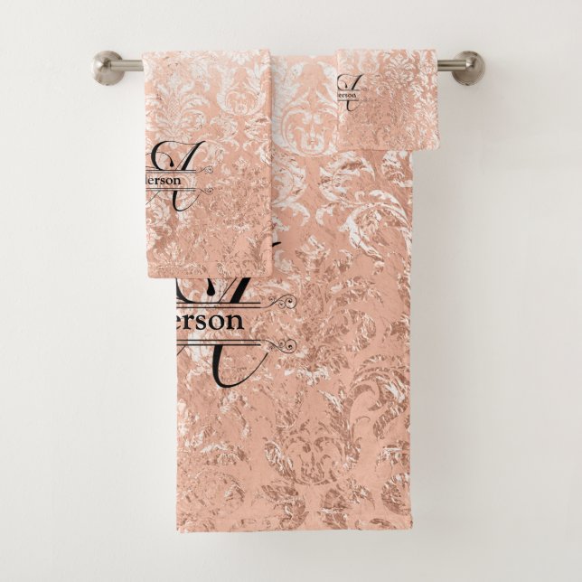 Personalisierte Monogramm-Rose Gold-Damaskus Badhandtuch Set (Insitu)