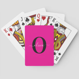Personalisierte Monogramm-Schriftname Pink Schwarz Spielkarten