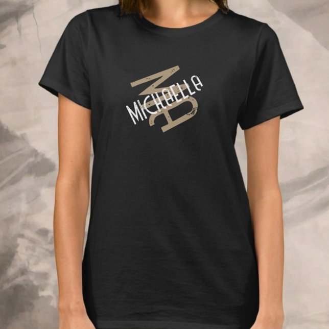 Personalisierte Monogramm Schwarz-weiß-Beige T-Shirt (Von Creator hochgeladen)