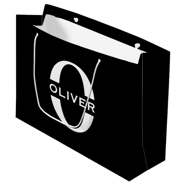 Personalisierte Monogramm Schwarz-Weiß-Bezeichnung Große Geschenktüte (Vorderseite Schrägansicht)