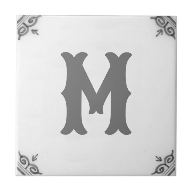 personalisierte monogramm schwarz-weiße Delft Tile Fliese (Vorderseite)