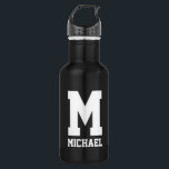 Personalisierte Monogramm-Sportflasche Edelstahlflasche<br><div class="desc">Personalisierte Monogramm-Geschenkgutscheine für Wasserflaschen. Schwarz-Weiß Edelstahl Metallfarbe. Sportliche Geschenkidee für Trainer, Spieler, Teamkollegen und Sportfans. Modernes Typografie-Design mit individuelle Name, lustigem Zitat, Slogan oder Monogramm. Erstellen Sie Ihre eigene mit Monogramm Getränkemaschine. Geeignet für Männer, Frauen und Kinder / Kinder. Niedliche Geburtstag Party präsentiert für Vater, Sohn, Enkel, Vater, Freund, Freund,...</div>