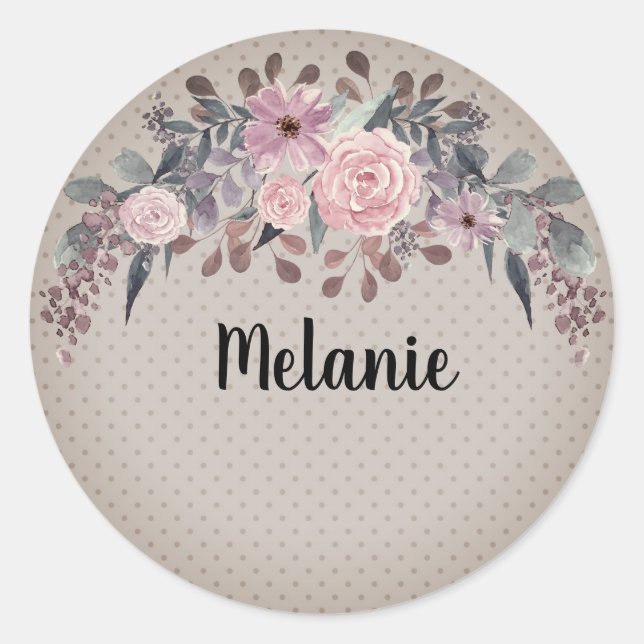 Personalisierte Monogramm Text Aquarell Blume Flor Runder Aufkleber (Vorderseite)