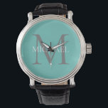 Personalisierte Monogramm und Name Aquamarin Armbanduhr<br><div class="desc">Personalisierte Elegante Monogramm- und Namensgeschenke mit personalisierten Monogramm im klassischen Serif-Schriftart-Stil mit Namensbox in der Mitte des Monogramms.</div>