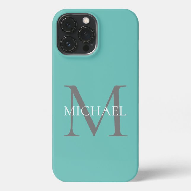 Personalisierte Monogramm und Name Aquamarin iPhone 13 Pro Max Hülle (Rückseite)