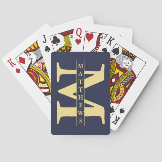Personalisierte Monogramm und Name Blau und Gold Spielkarten