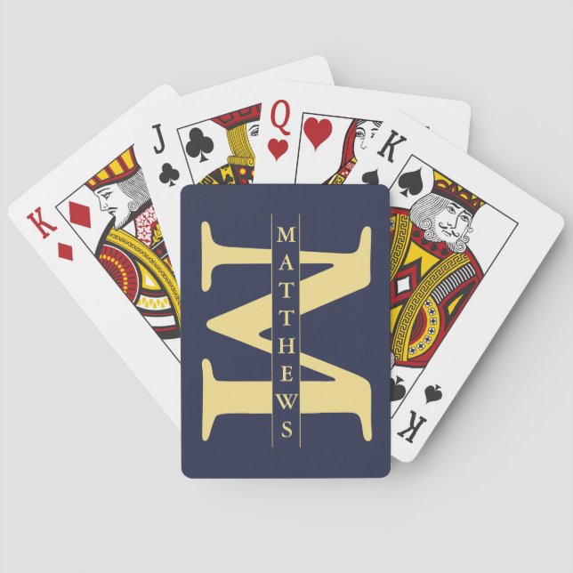 Personalisierte Monogramm und Name Blau und Gold Spielkarten (Rückseite)