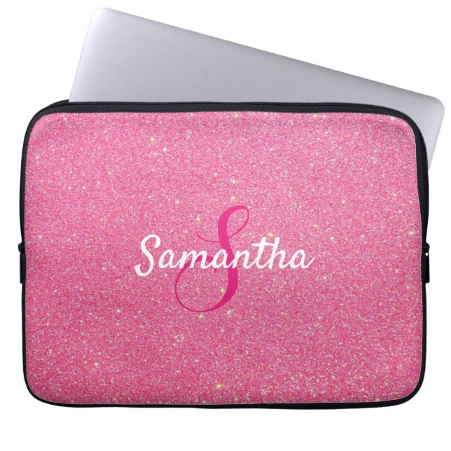Personalisierte Monogramm und Name Rose Rosa Glitz Laptopschutzhülle (Vorderseite)
