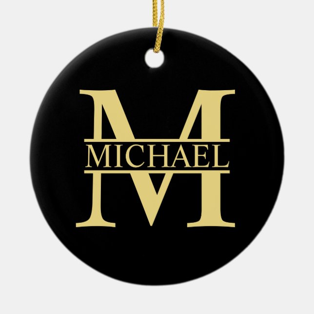 Personalisierte Monogramm und Name Schwarz und Gol Keramik Ornament (Vorne)