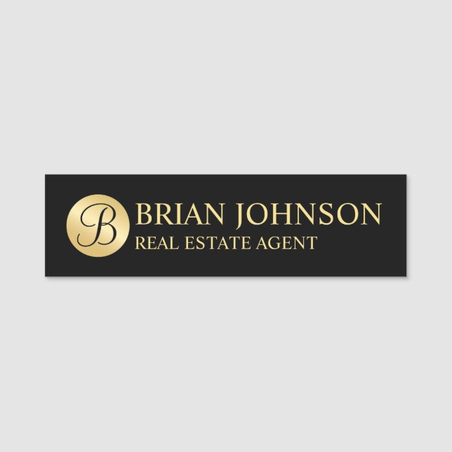 Personalisierte Monogramm und Name Schwarz und Gol Namensschild (Vorderseite)
