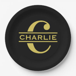 Personalisierte Monogramm und Name Schwarz und Gol Pappteller