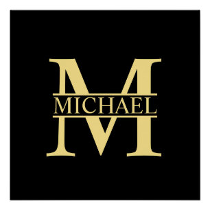 Personalisierte Monogramm und Name Schwarz und Gol Poster
