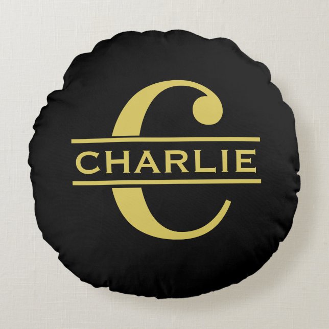 Personalisierte Monogramm und Name Schwarz und Gol Rundes Kissen (Vorderseite)