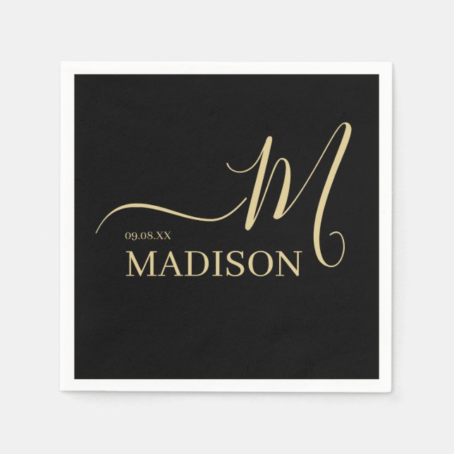 Personalisierte Monogramm und Name Schwarz und Gol Serviette (Vorderseite)
