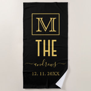 Personalisierte Monogramm und Name Schwarz und Gol Strandtuch