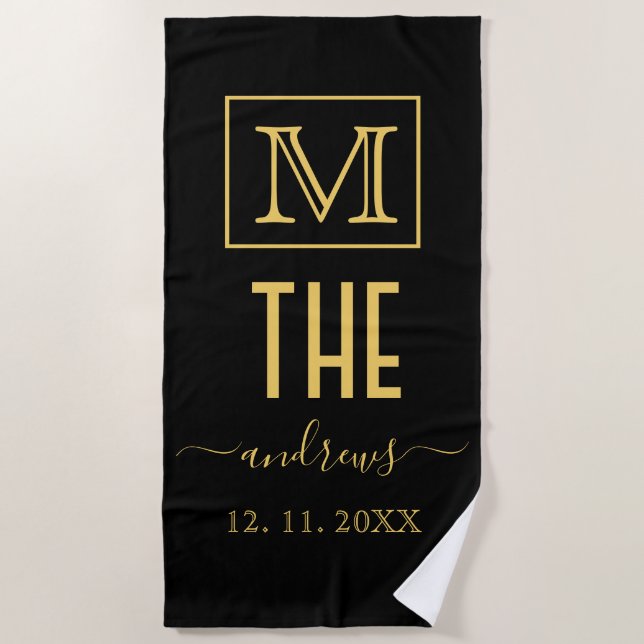 Personalisierte Monogramm und Name Schwarz und Gol Strandtuch (Vorderseite)