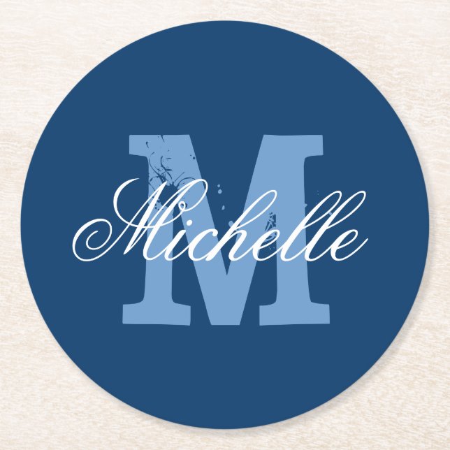 Personalisierte Monogramm-Untersetzer in Blau Runder Pappuntersetzer (Vorderseite)