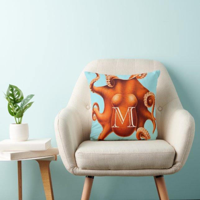 Personalisierte Monogramm-Vintage Octopus-Illustra Kissen (Stuhl )