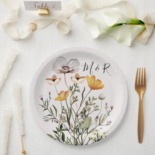 Personalisierte Monogramm-Wildblume Pappteller (Hochzeit)