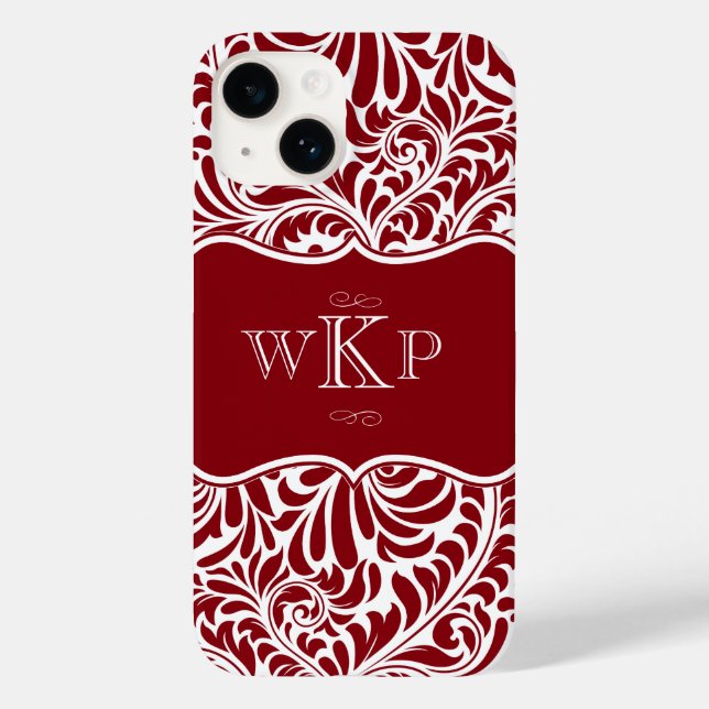Personalisierte Monogramme Cranberry Damask Muster Case-Mate iPhone 14 Hülle (Rückseite)
