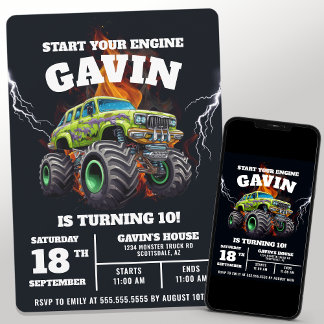 Personalisierte Monster Truck Editable Geburtstags Einladung