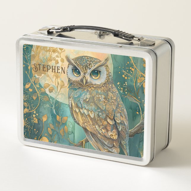 Personalisierte Moonlit Owl Emerald Forest Fantasy Metall Brotdose (Rückseite)