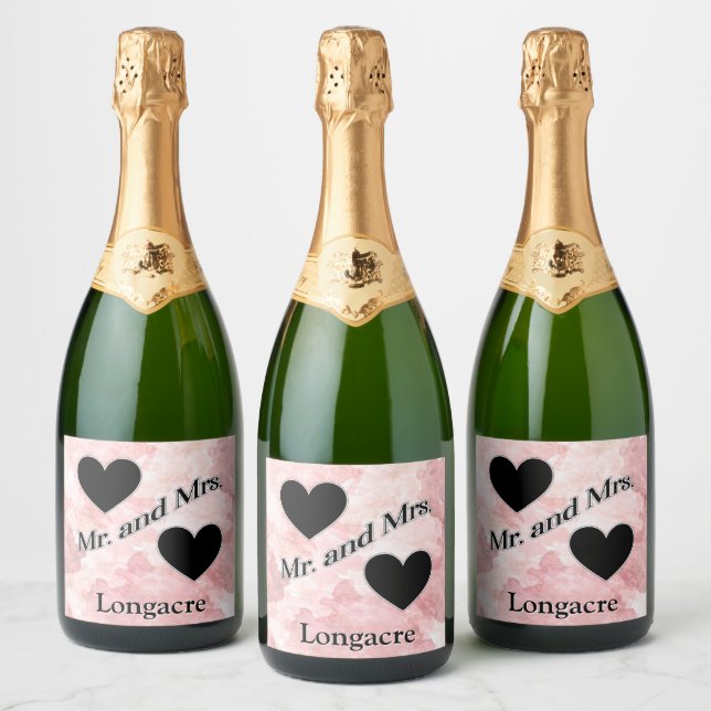 Personalisierte Mr. und Mrs. Hearts Schwarz-weiß (Flaschen)