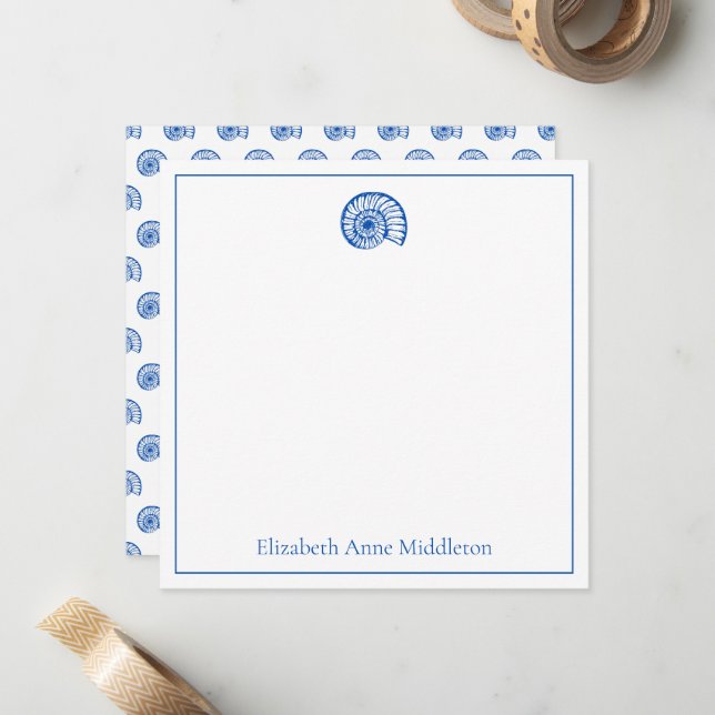 Personalisierte Muschel in Blau und Weiß Mitteilungskarte (Vorderseite/Rückseite Beispiel)