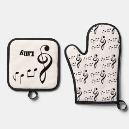 Personalisierte Musiknoten Ofenhandschuh & Topflappen-Set