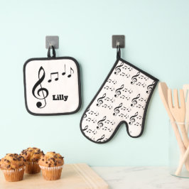 Personalisierte Musiknoten Ofenhandschuh & Topflappen-Set