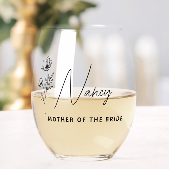 Personalisierte Mutter der Braut Weinglas Ohne Stiel (Simple Modern Mother of the Bride Floral Stemless Glass, Mother of the Groom Gift, Wedding Party Set)