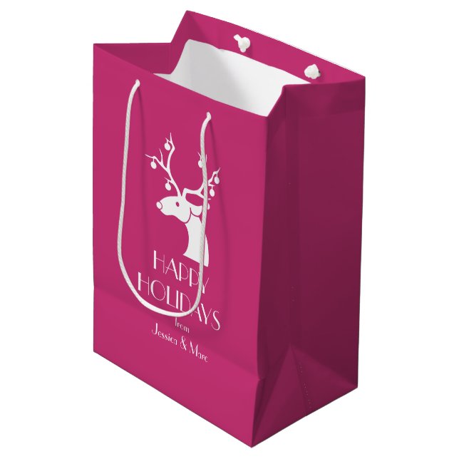Personalisierte Nachricht: Rosa Weihnachtsweiße Re Mittlere Geschenktüte (Vorderseite Schrägansicht)