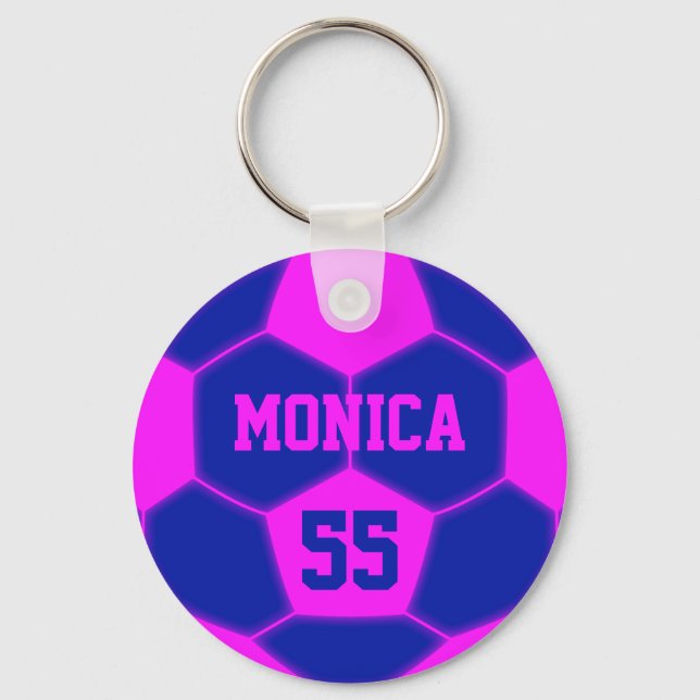 Personalisierte Name Nummer Pink Blue Soccer Ball Schlüsselanhänger (Vorderseite)