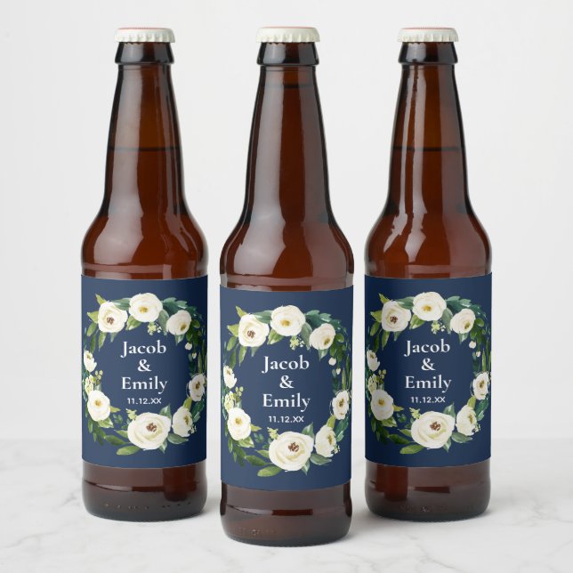 Personalisierte Namen der Navy Blue Greenery Datum Bierflaschenetikett (Flaschen)