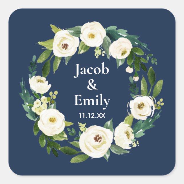 Personalisierte Namen der Navy Blue Greenery Datum Quadratischer Aufkleber (Vorderseite)