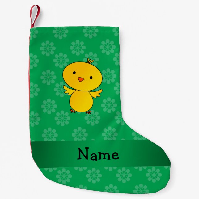 Personalisierte Namensbabyküken-Grün-Blumen Kleiner Weihnachtsstrumpf (Vorderseite)