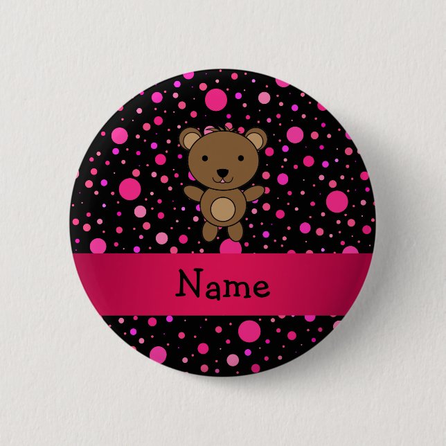 Personalisierte Namensbärnschwarzrosa-Polkapunkte Button (Vorderseite)