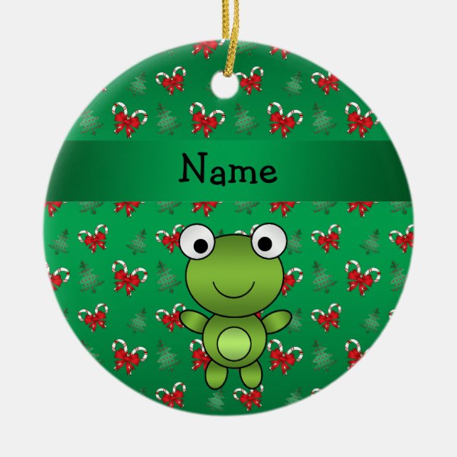 Personalisierte Namensfroschgrün-Zuckerstangebögen Keramik Ornament (Vorne)