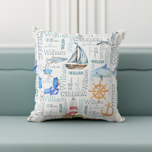 Personalisierte Namenskollektion nautische Jungeng Kissen (Personalized name collage nautical boy gifts throw pillow gifts for boys nursery gifts nursery decor)