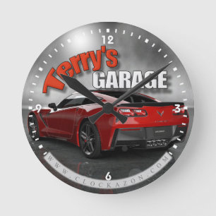Personalisierte Namenskorvette-Garagen-Uhr Runde Wanduhr