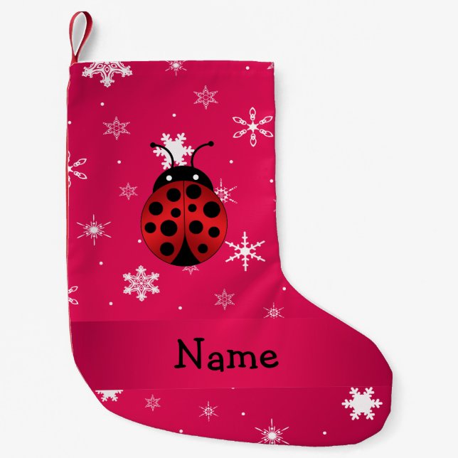 Personalisierte Namensmarienkäferrosaschneeflocken Kleiner Weihnachtsstrumpf (Vorderseite)