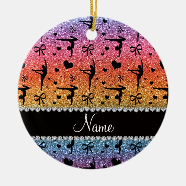 Personalisierte Namensregenbogen-Glittergymnastik Keramik Ornament (Vorne)