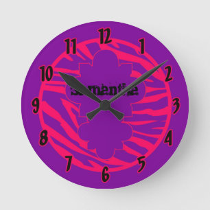 Personalisierte Namensuhr Hot Pink Lila Zebra Runde Wanduhr