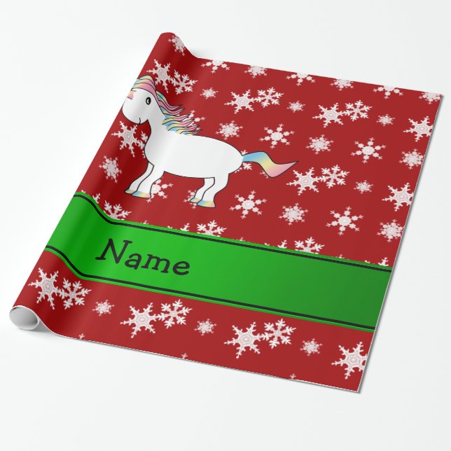 Personalisierte Namensunicornrotschneeflocken Geschenkpapier (Ungerollt)