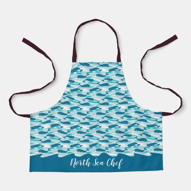 Personalisierte Narwhal Waves Allover drucken Aqua Schürze (Vorderseite)